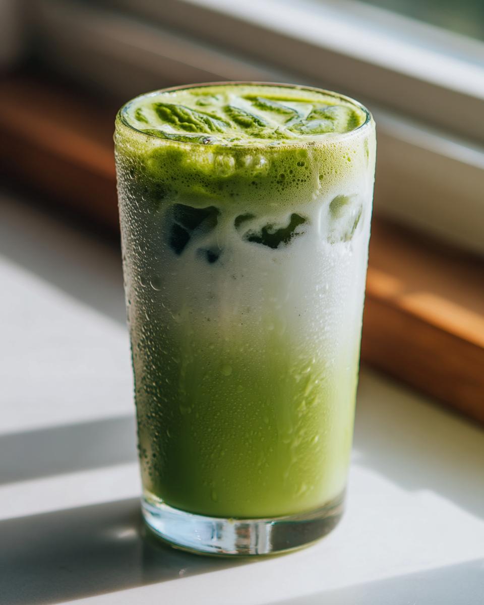A tall glass of iced Matcha latte showing layers of bright green tea and white milk, condensation on the glass.