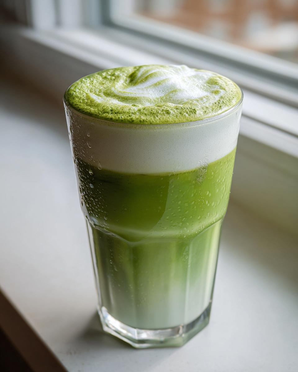 A tall glass of iced Matcha latte showing distinct layers of milk and bright green tea, topped with white foam.