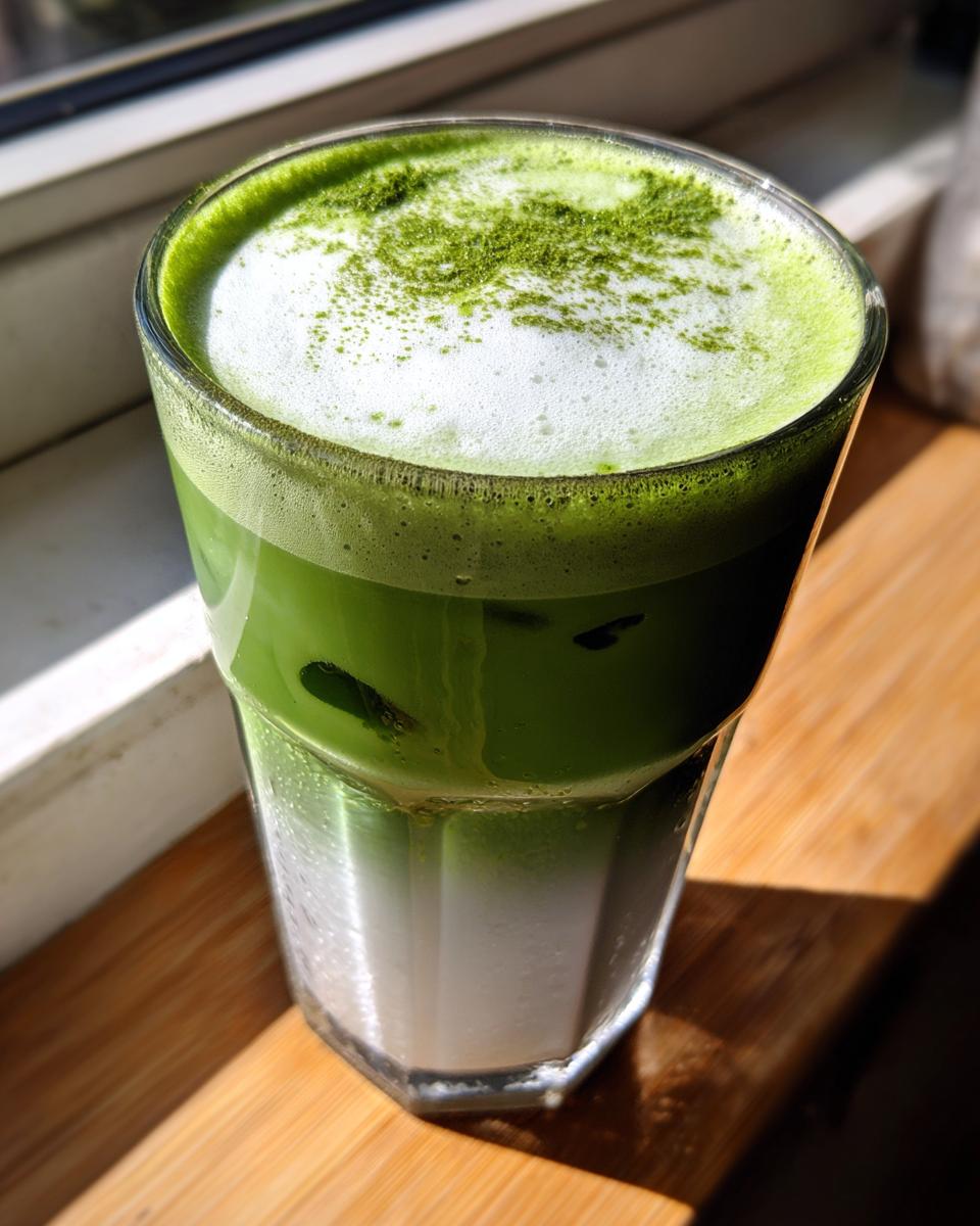 Close-up of an iced Matcha latte showing distinct layers of milk and green tea, topped with foam and dusted matcha.