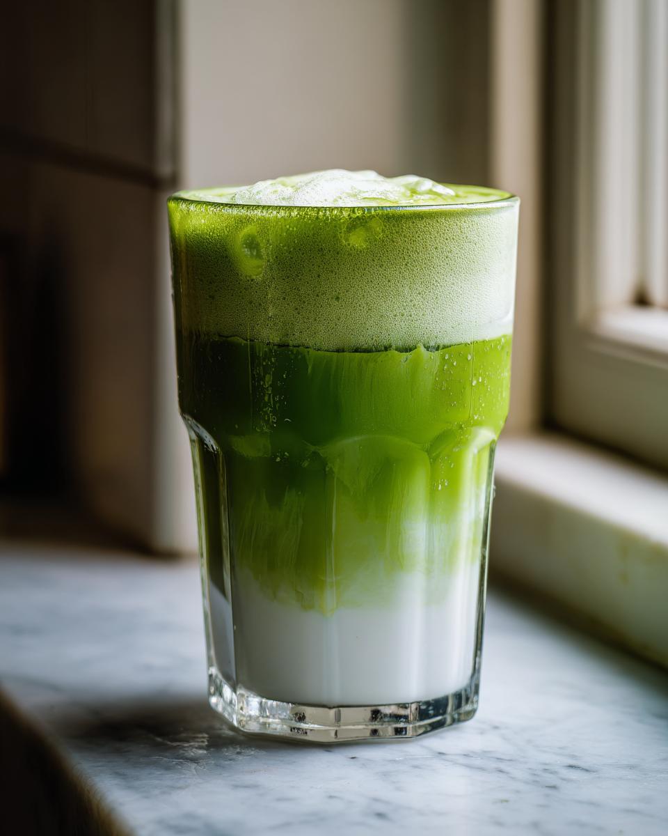 A refreshing iced Matcha latte showing distinct layers of white milk and bright green matcha on a marble surface.