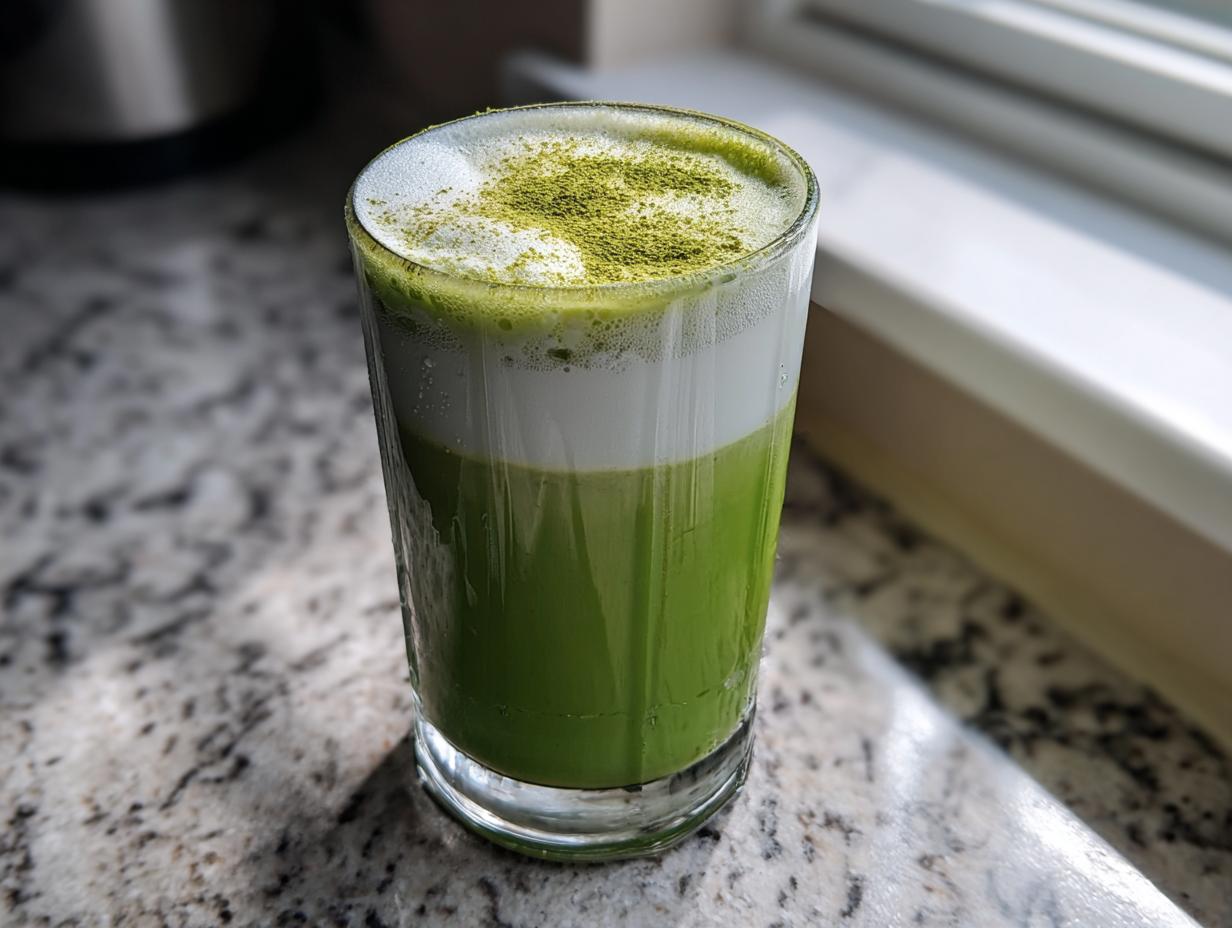 A tall glass filled with a vibrant green matcha latte, featuring distinct layers of milk and foam topped with matcha powder.