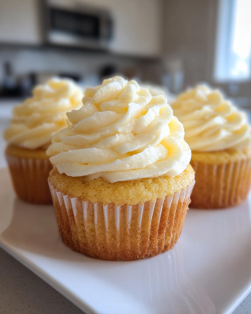 Close-up of three moist Lemon Cupcakes topped with swirls of pale yellow buttercream frosting on a white plate.