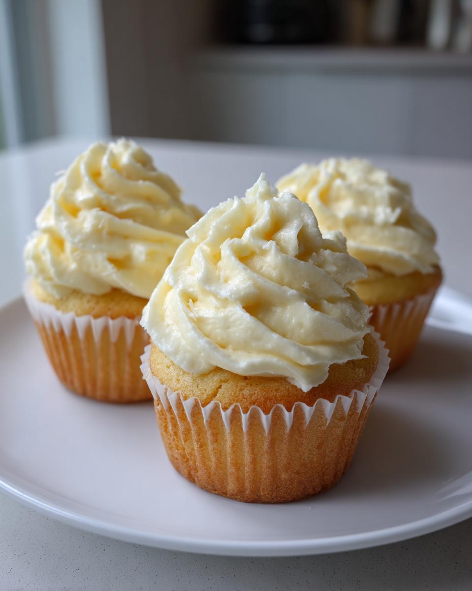 Three freshly baked lemon cupcakes topped with swirls of pale yellow, creamy frosting, resting on a white plate.