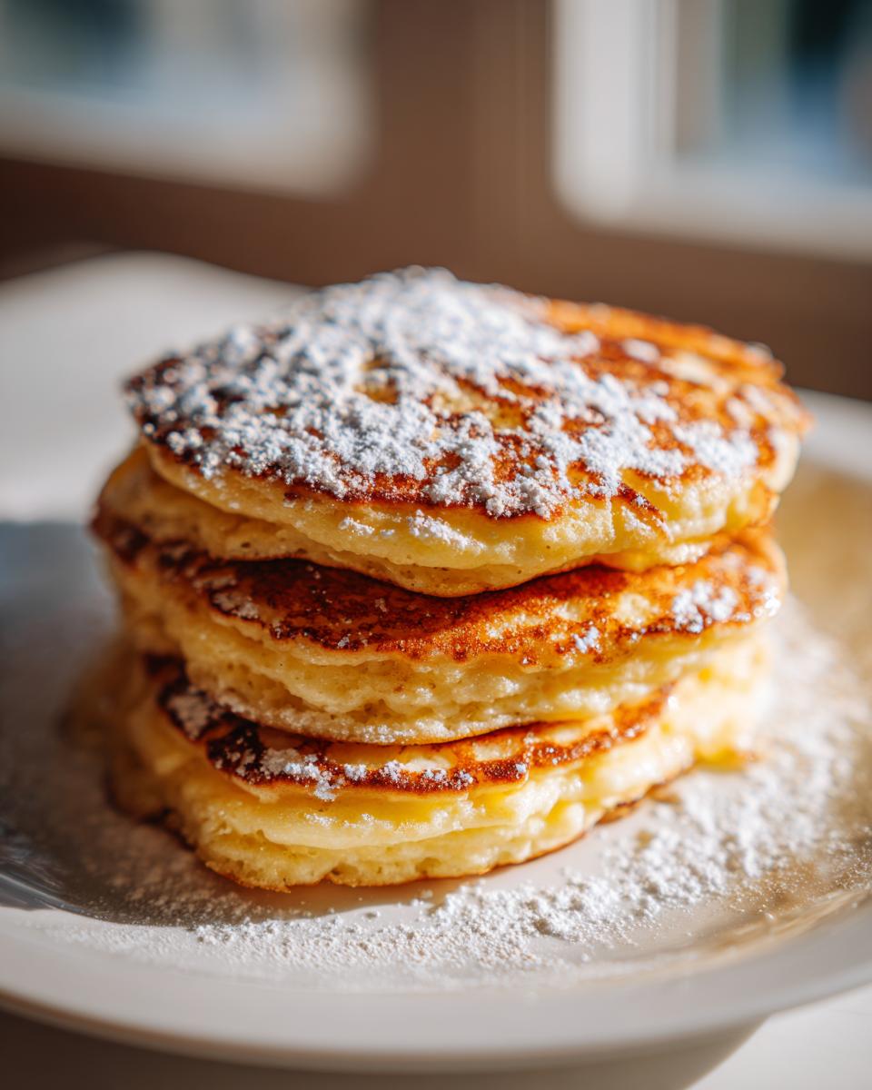 A close-up of a tall stack of golden-brown Lemon Ricotta Pancakes dusted generously with powdered sugar.