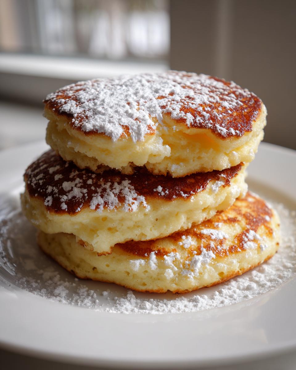 A tall stack of three fluffy Lemon Ricotta Pancakes dusted generously with white powdered sugar on a white plate.