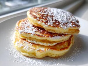 A stack of three fluffy Lemon Ricotta Pancakes dusted generously with white powdered sugar on a white plate.