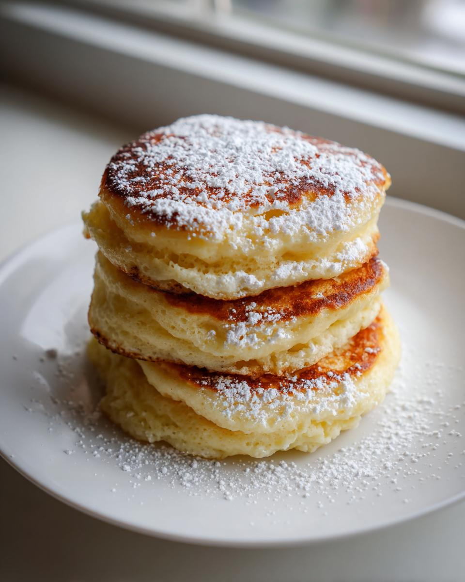 A tall stack of three fluffy Lemon Ricotta Pancakes dusted generously with powdered sugar on a white plate.