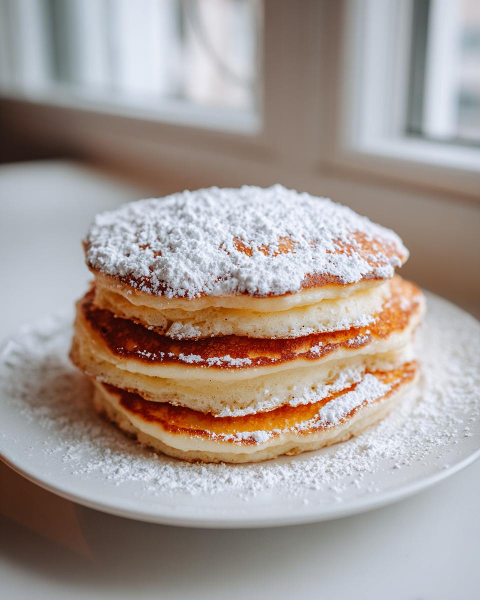 A tall stack of four fluffy Lemon Ricotta Pancakes generously dusted with white powdered sugar on a white plate.