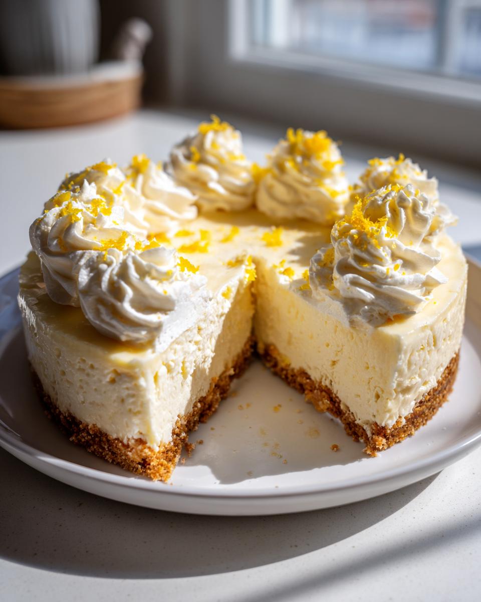 A slice removed from a No bake lemon cheesecake topped with swirls of whipped cream and bright yellow lemon zest.