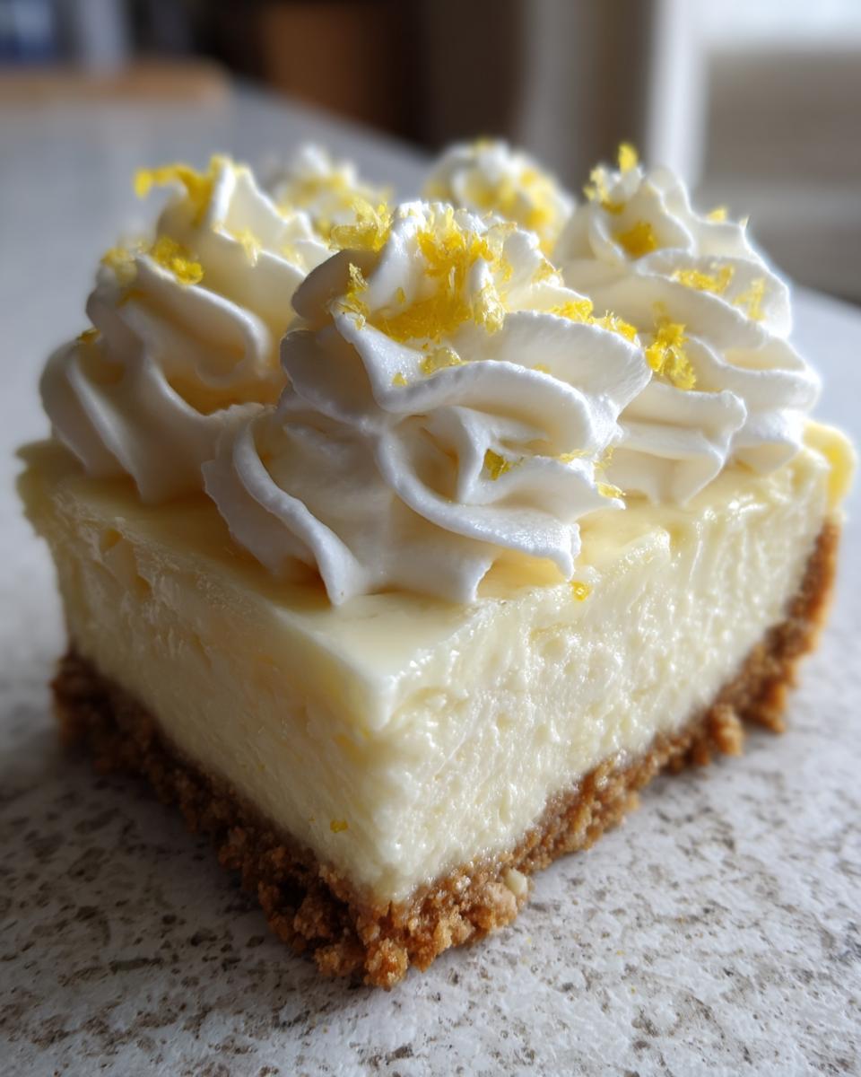 Close-up of a single serving slice of no bake lemon cheesecake with a graham cracker crust, topped with whipped cream and lemon zest.
