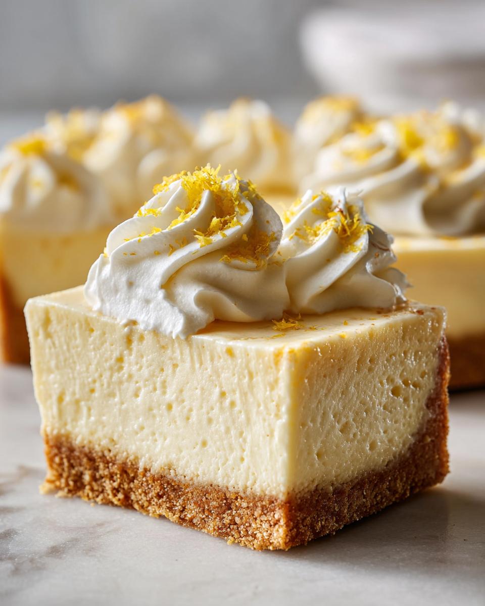 Close-up of a square slice of No bake lemon cheesecake with a graham cracker crust, topped with whipped cream and lemon zest.
