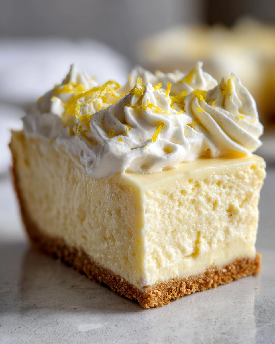 Close-up of a rich slice of No bake lemon cheesecake topped with swirls of whipped cream and lemon zest.