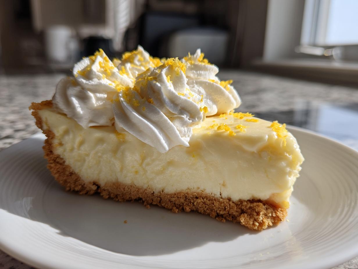 A perfect slice of no bake lemon cheesecake on a white plate, topped with whipped cream and lemon zest.