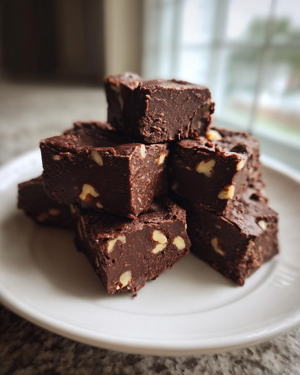 A stack of rich, dark chocolate nutty fudge squares piled high on a white plate, featuring visible pieces of nuts.