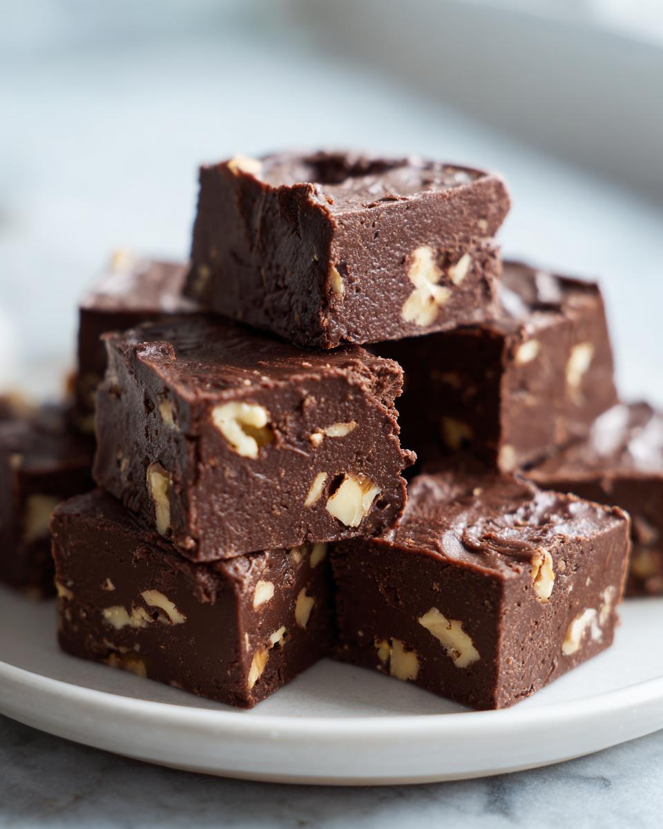 A close-up stack of rich, dark chocolate nutty fudge squares studded with visible pieces of walnuts, resting on a white plate.