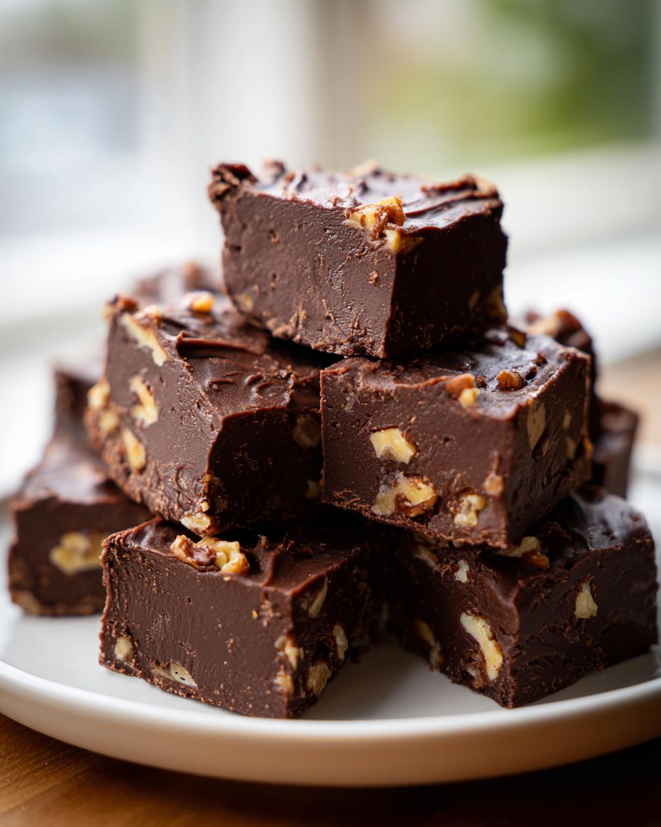 A close-up stack of rich, dark chocolate nutty fudge squares studded with visible walnut pieces, resting on a white plate.