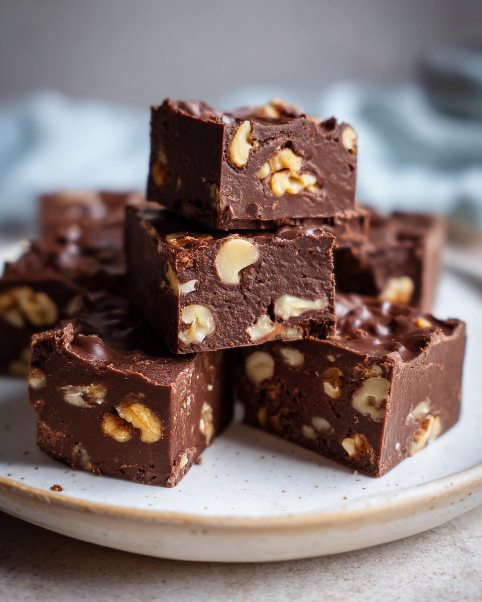 A stack of rich, dark chocolate nutty fudge squares loaded with visible walnut pieces, served on a speckled white plate.