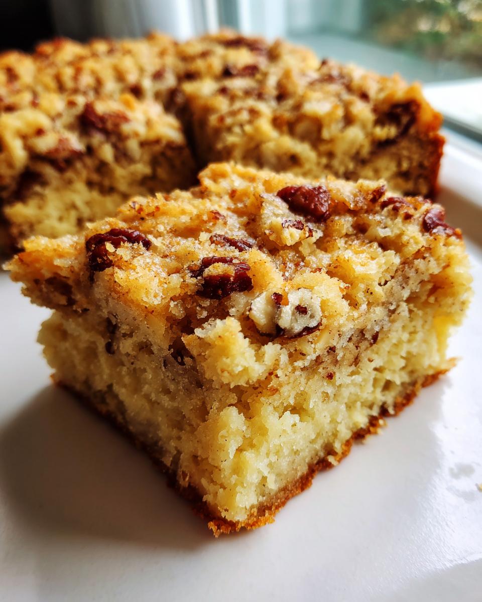 A delicious square of Pecan blondies with a thick, crunchy pecan and sugar topping, served on a white plate.