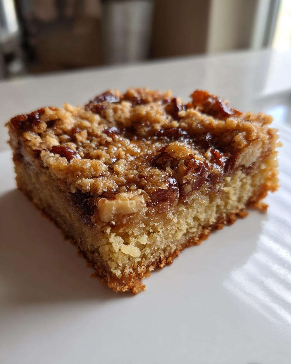 A single, thick square of pecan blondies with a gooey, crunchy topping, resting on a white plate.
