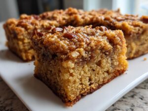 A close-up shot of a square slice of rich, golden Pecan blondies featuring a crunchy, caramelized pecan topping.