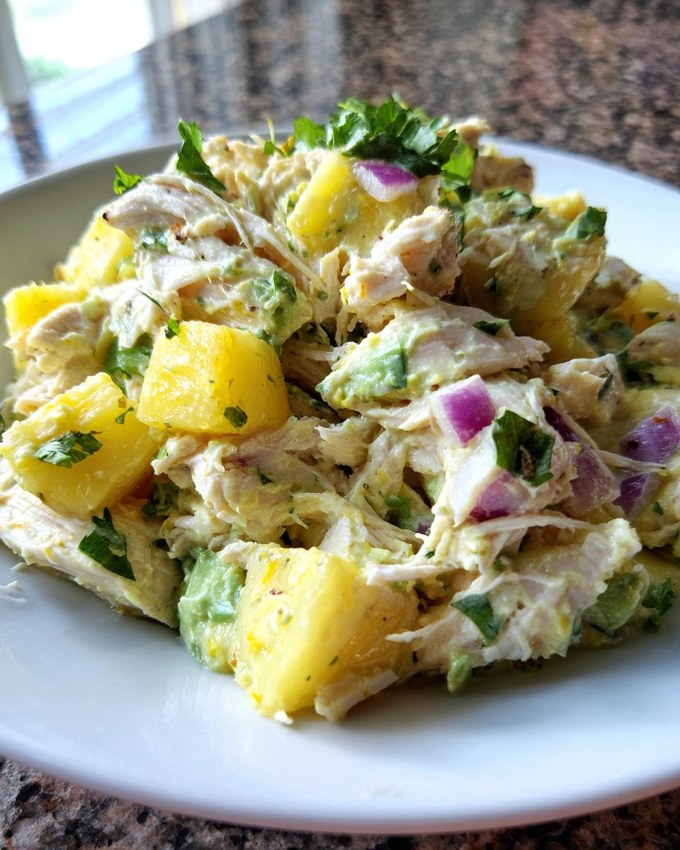 A close-up serving of Pineapple Avocado Chicken Salad featuring shredded chicken, bright yellow pineapple chunks, green avocado, and red onion.