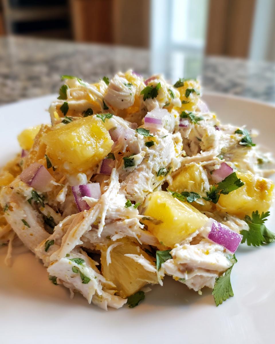 A close-up serving of fresh Pineapple Avocado Chicken Salad featuring shredded chicken, chunks of pineapple, and diced red onion.