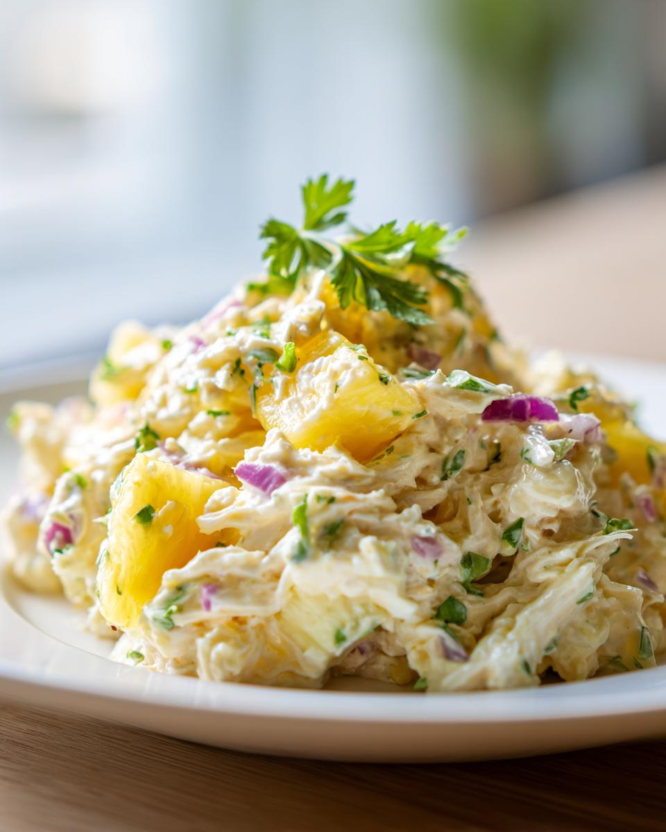A close-up of creamy Pineapple Avocado Chicken Salad served on a white plate, garnished with fresh parsley.