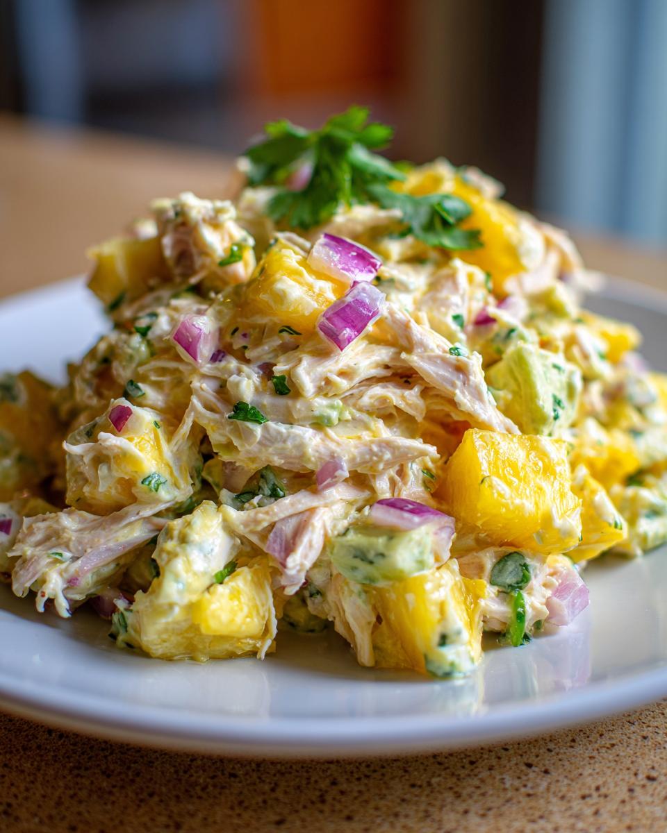 A close-up, appetizing serving of Pineapple Avocado Chicken Salad featuring chunks of pineapple, avocado, red onion, and shredded chicken.