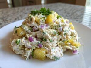 A mound of creamy Pineapple Avocado Chicken Salad featuring shredded chicken, chunks of pineapple, and red onion, garnished with parsley.