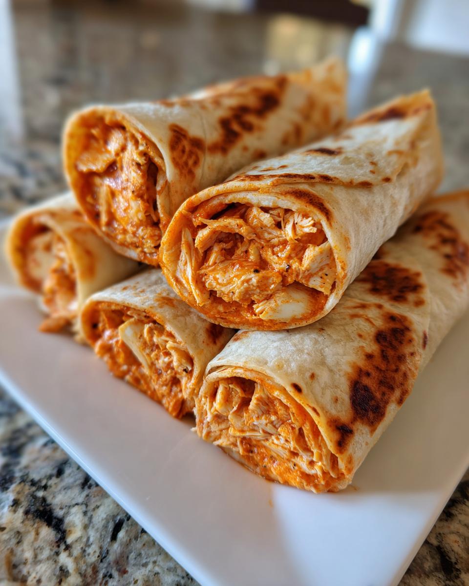 A stack of four Buffalo chicken pinwheels showing shredded chicken filling in toasted tortillas.
