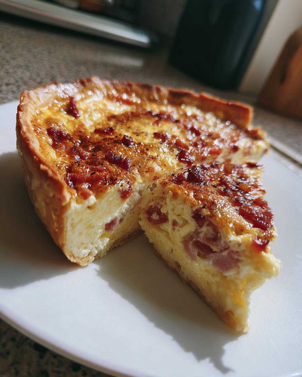 A close-up of a rich, golden-brown Quiche Lorraine with a slice removed, showing the creamy filling and bacon pieces.
