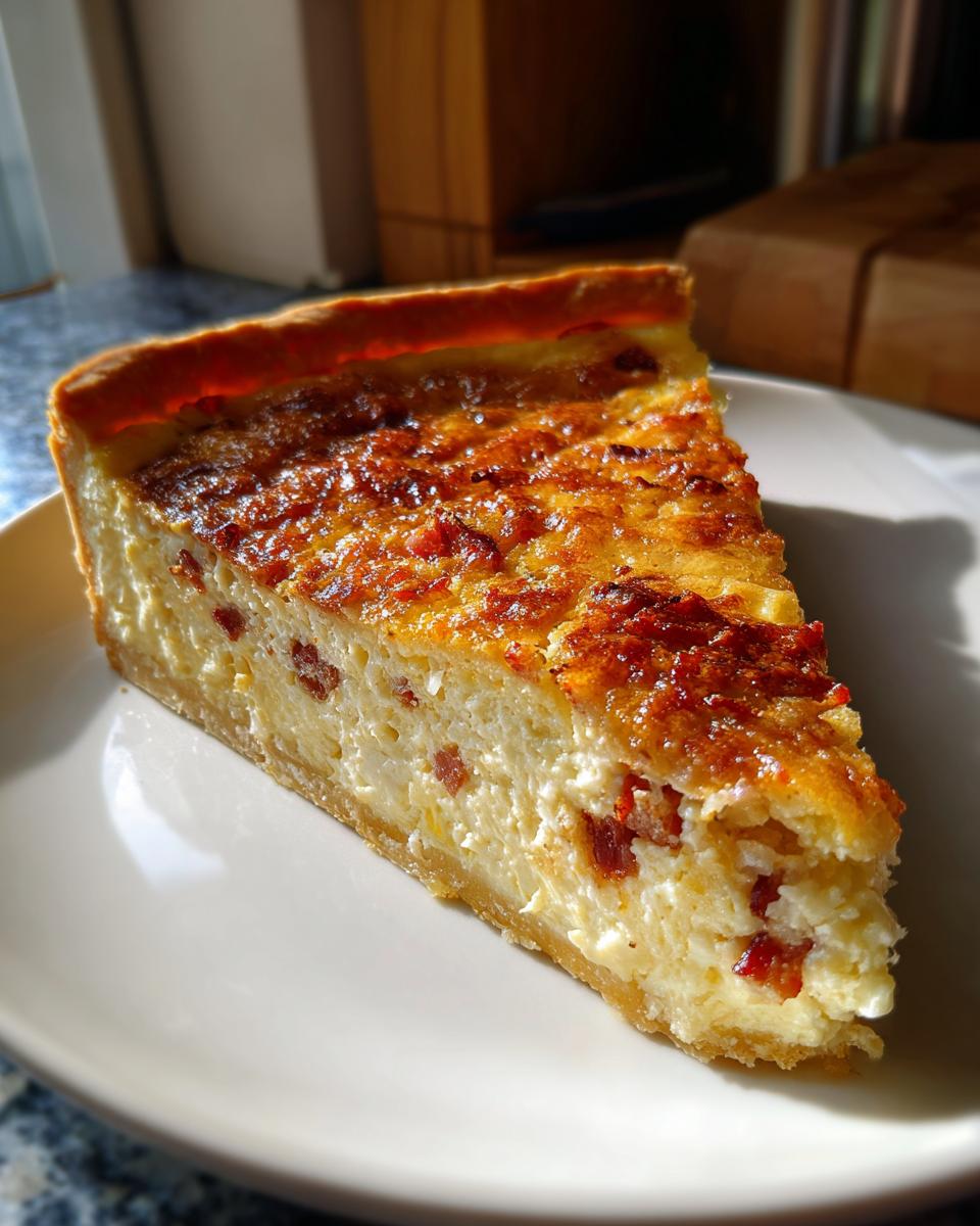 A close-up of a thick slice of golden-brown Quiche Lorraine with visible bacon pieces on a white plate.