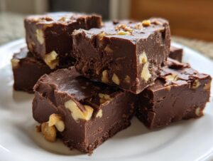 Close-up of rich, dark chocolate nutty fudge squares stacked on a white plate, studded with visible walnuts.