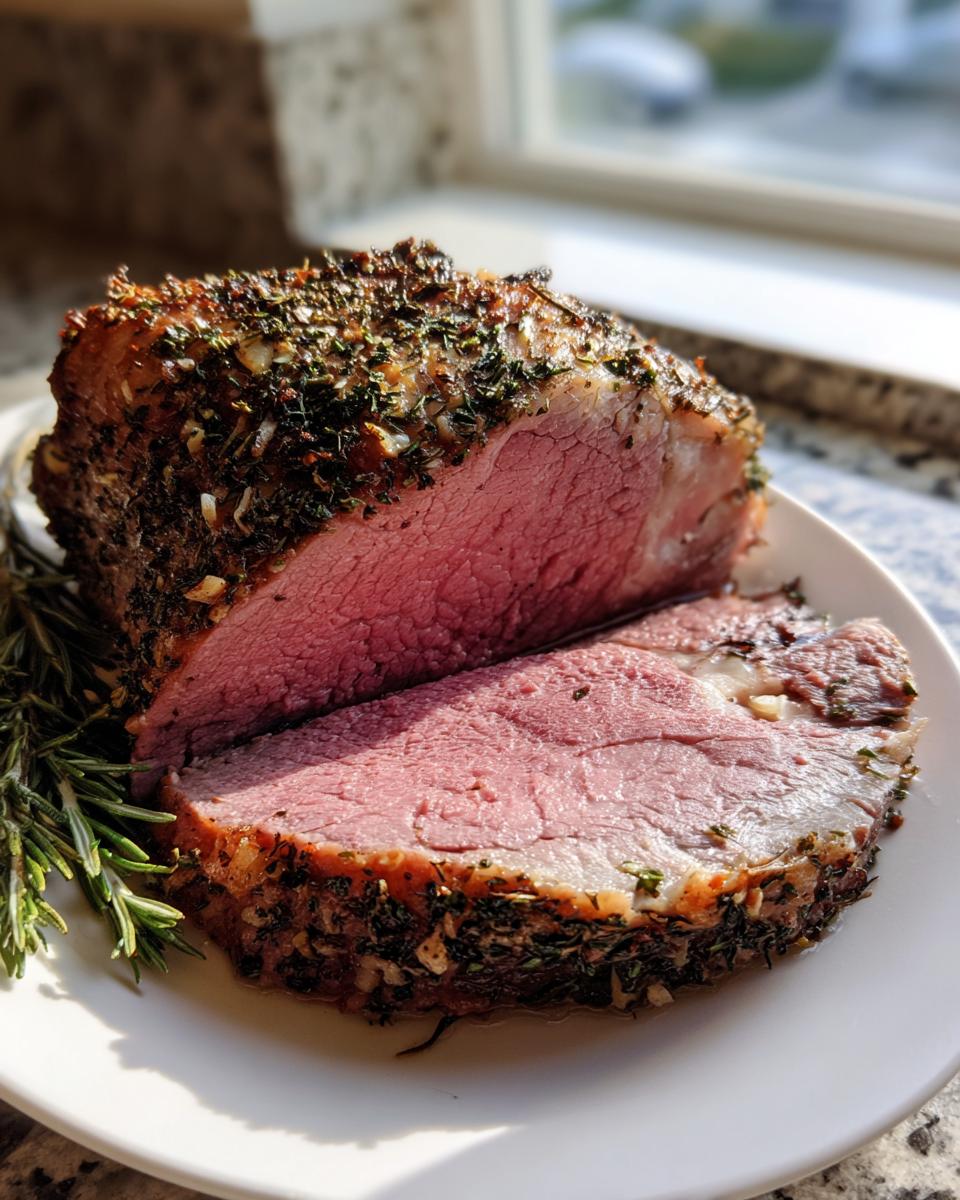 A thick slice of medium-rare roast leg of lamb, showing a flavorful herb crust and served with fresh rosemary.