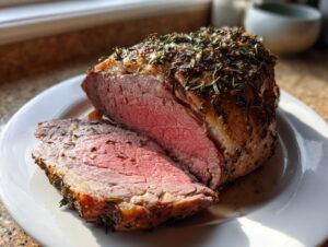 Close-up of a perfectly cooked roast leg of lamb, sliced to show medium-rare pink center and herb crust.