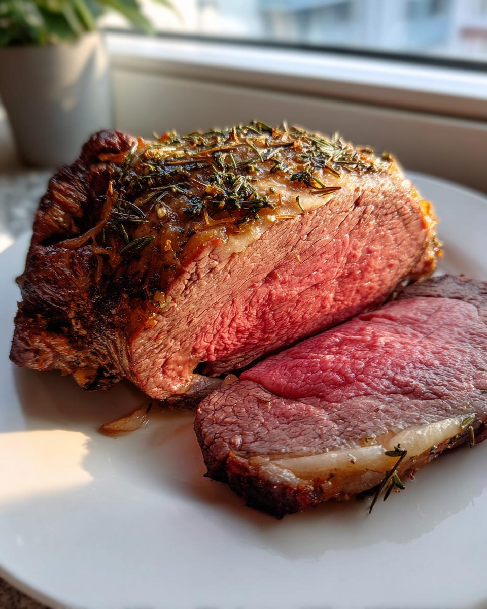 Close-up of a perfectly cooked roast leg of lamb, sliced to show a medium-rare center and herb crust.
