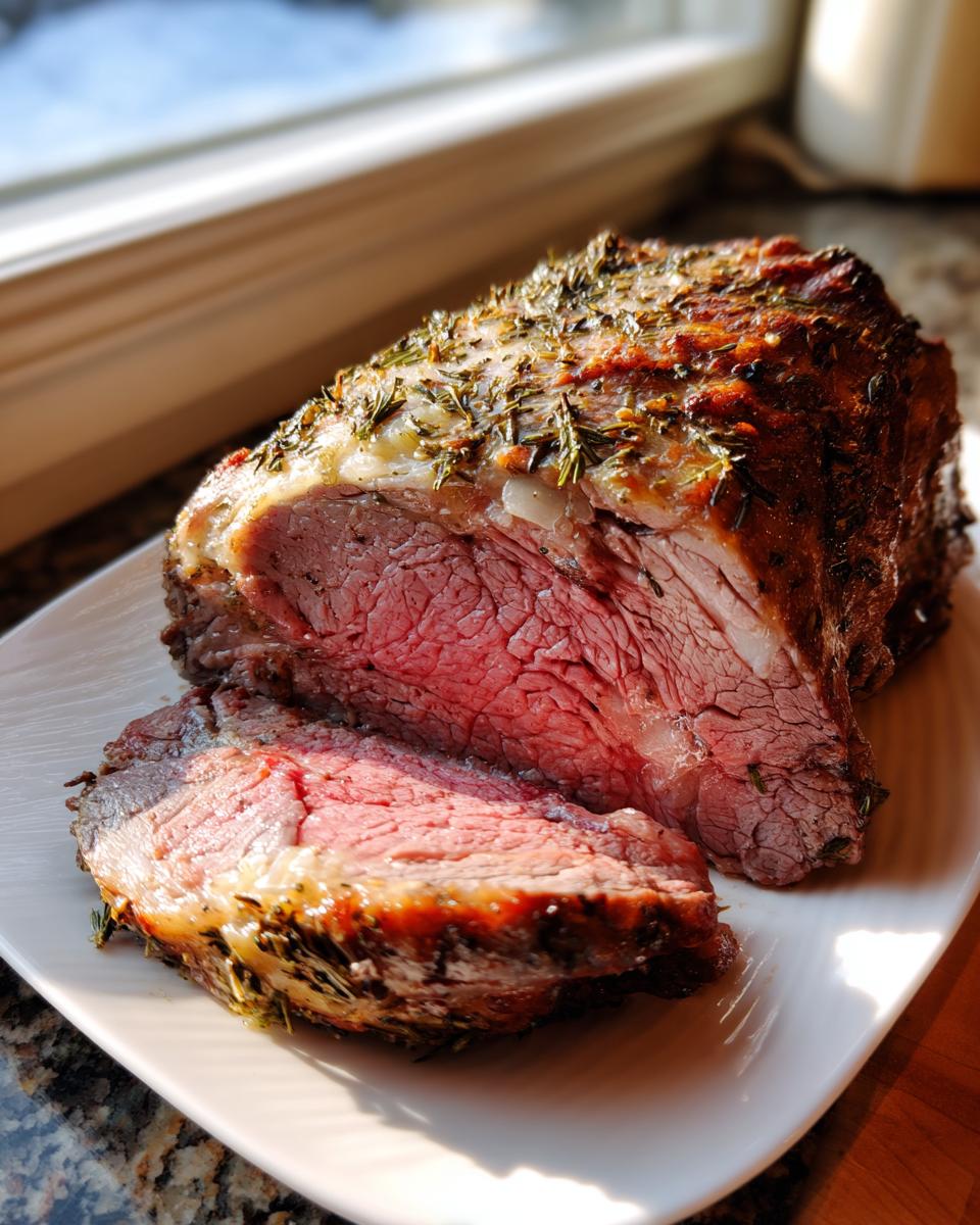 Close-up of a perfectly cooked roast leg of lamb, sliced to show a medium-rare pink center and herb crust.