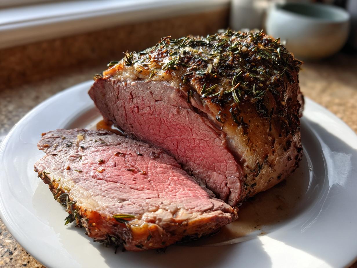 Close-up of a perfectly cooked roast leg of lamb, sliced to show medium-rare pink center and herb crust.
