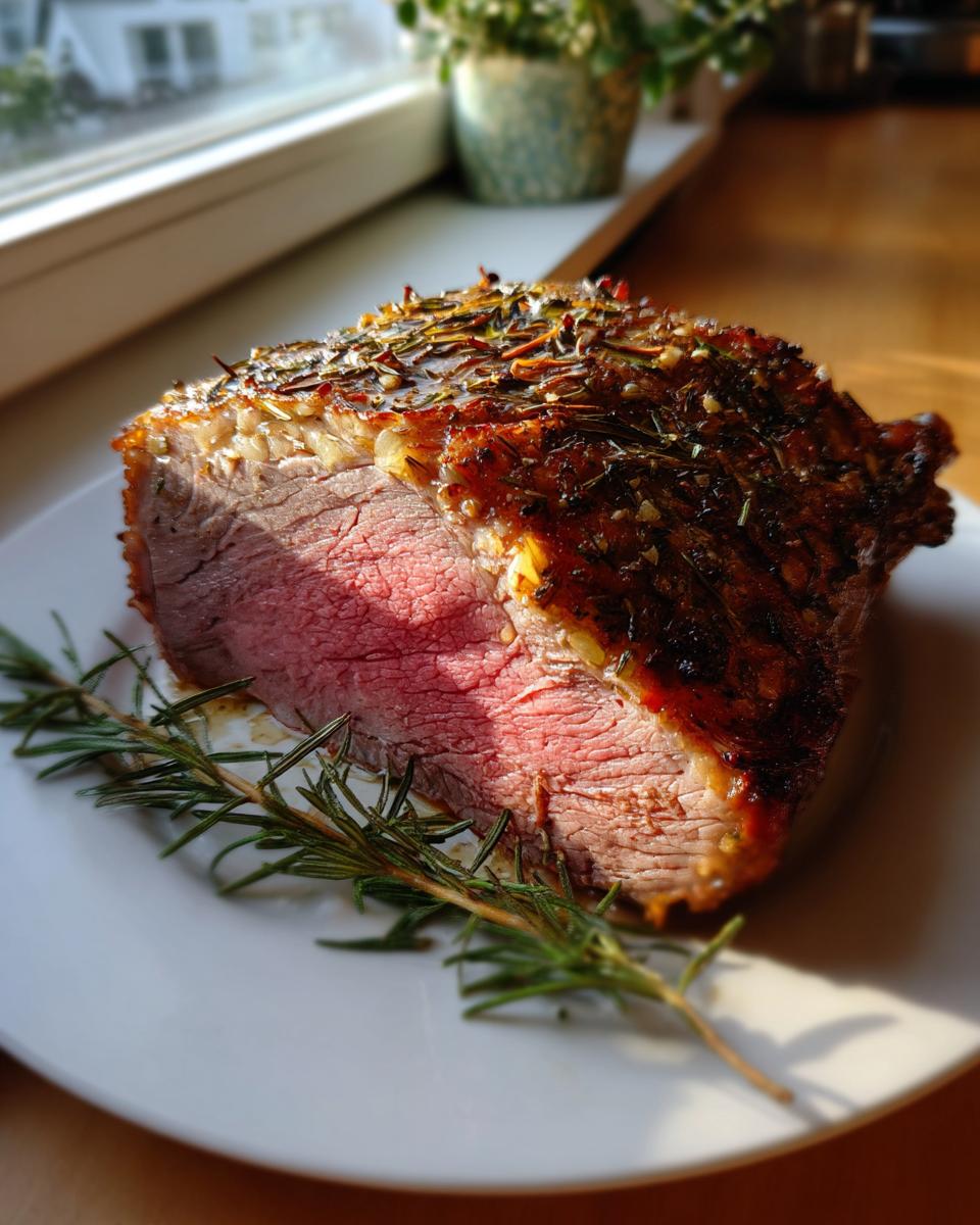 Close-up of a medium-rare roast leg of lamb slice, crusted with herbs and resting on a white plate with rosemary.