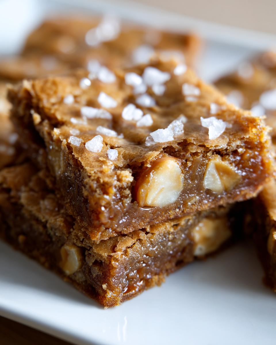 Close-up of two stacked, gooey white chocolate blondies topped with flaky sea salt and visible macadamia nuts.