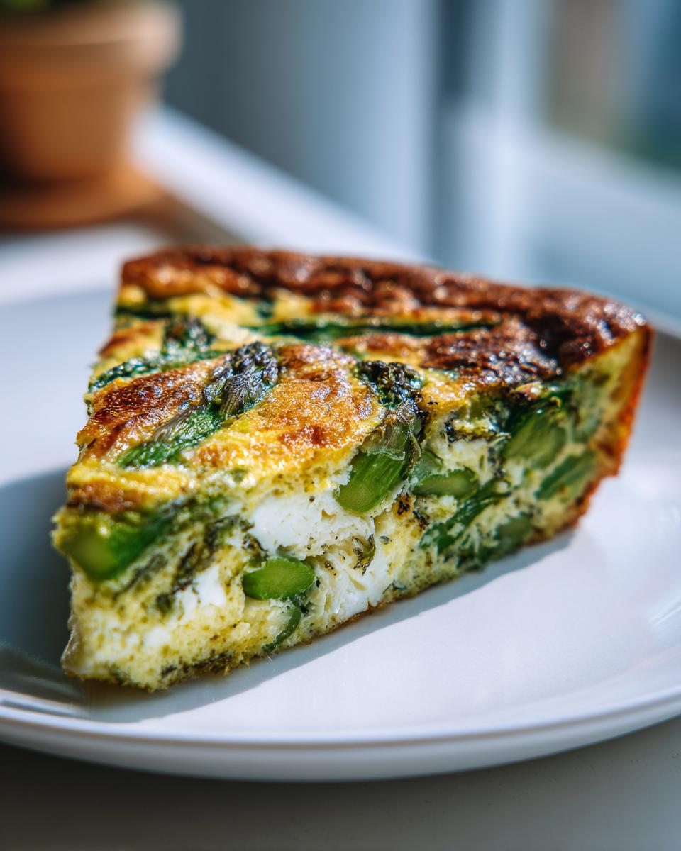 A close-up slice of Asparagus brie frittata showing green asparagus and white brie cheese baked into the egg.