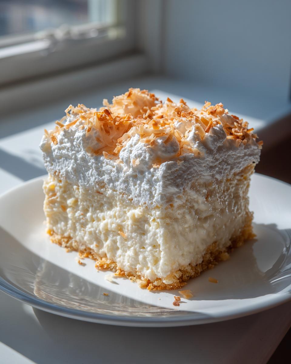 A thick slice of rich Coconut cream pie with a graham cracker crust, whipped topping, and toasted coconut flakes.