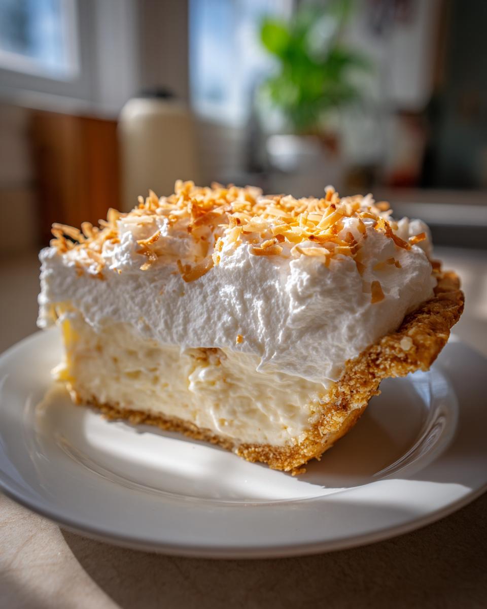 A generous slice of Coconut cream pie featuring a thick, creamy filling, whipped topping, and toasted coconut flakes.