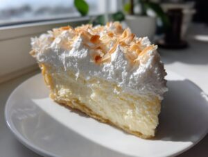 A close-up shot of a generous slice of Coconut cream pie with thick whipped topping and toasted coconut flakes.