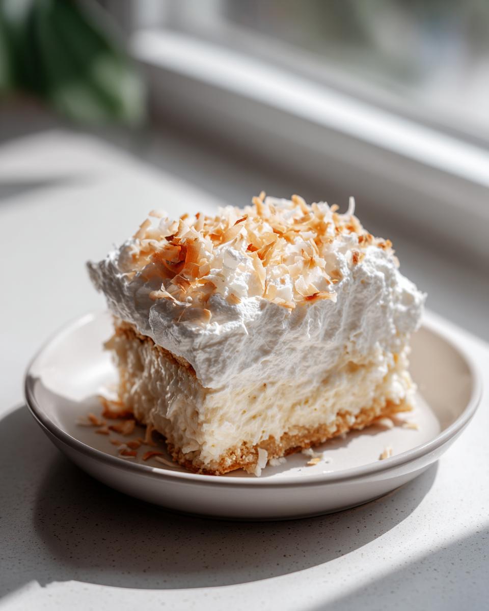 A decadent slice of Coconut cream pie topped with whipped cream and toasted coconut flakes.