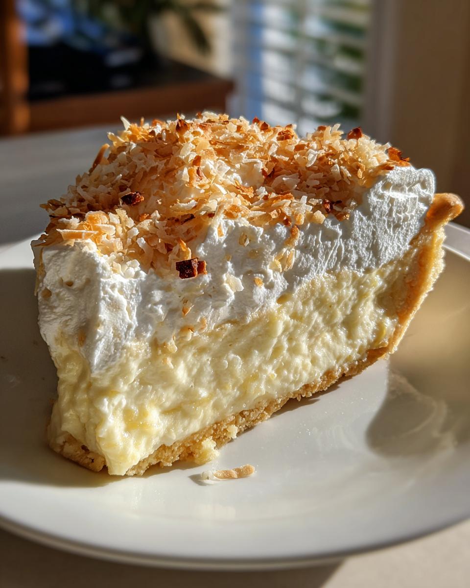 A perfect slice of rich Coconut cream pie featuring a thick custard layer, whipped cream, and toasted coconut topping.