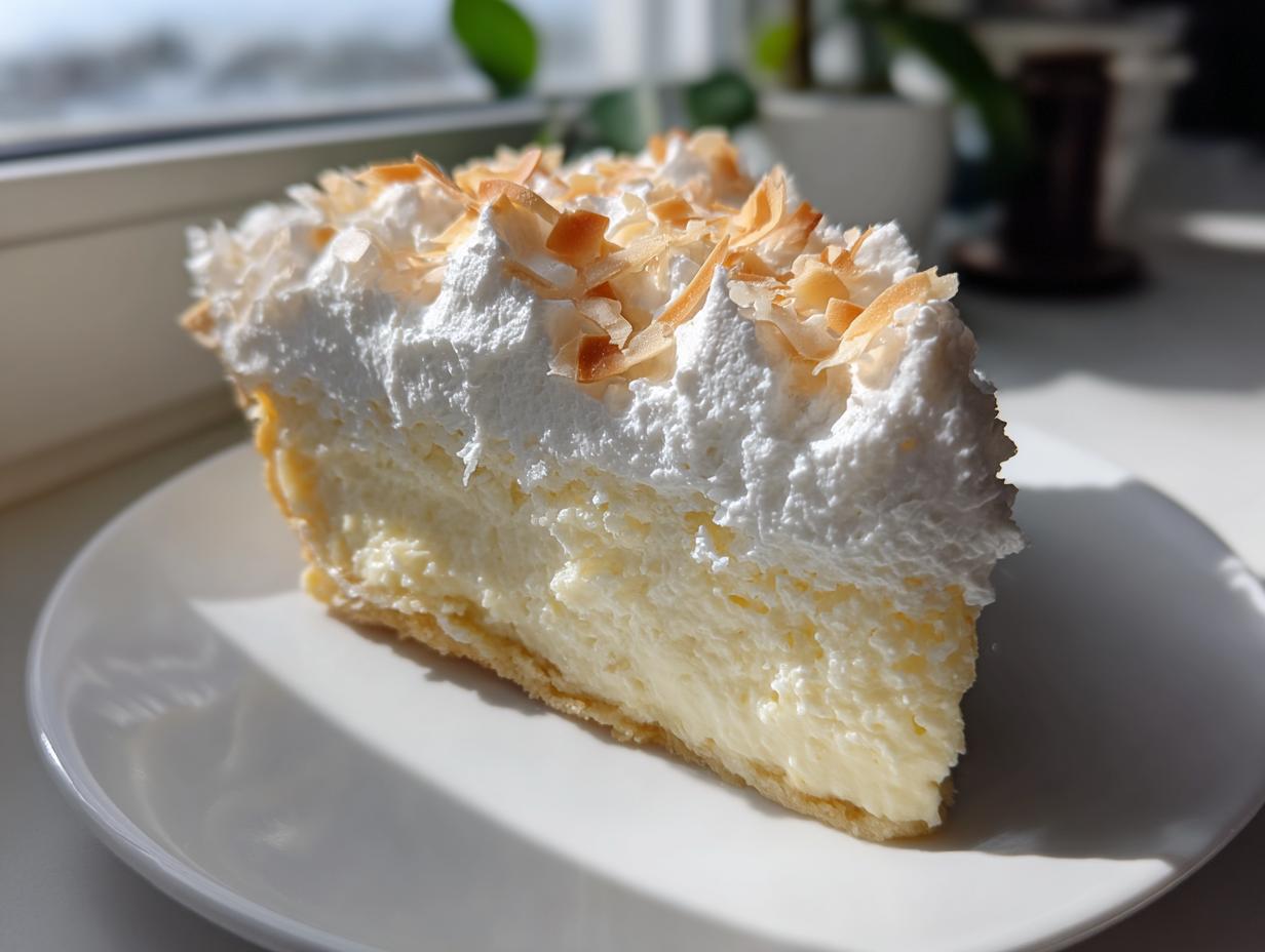 A close-up shot of a generous slice of Coconut cream pie with thick whipped topping and toasted coconut flakes.