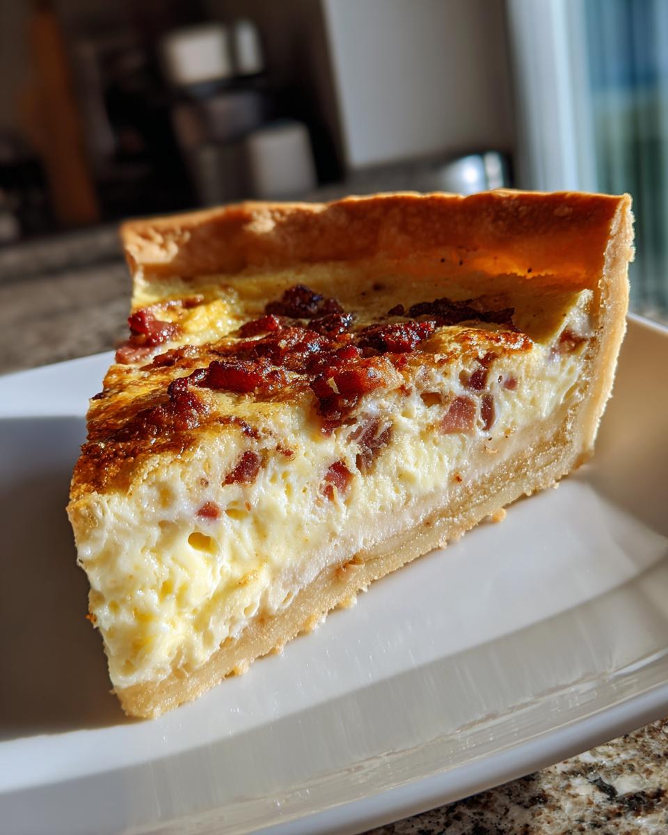 Close-up of a thick slice of Quiche Lorraine showing creamy filling and crispy bacon bits on a white plate.