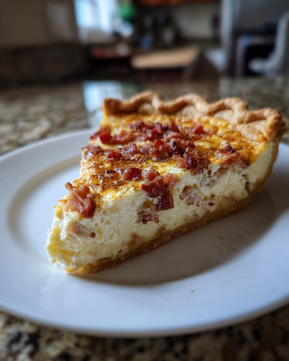 A close-up of a single slice of Quiche Lorraine featuring a creamy filling and crispy bacon pieces on a white plate.