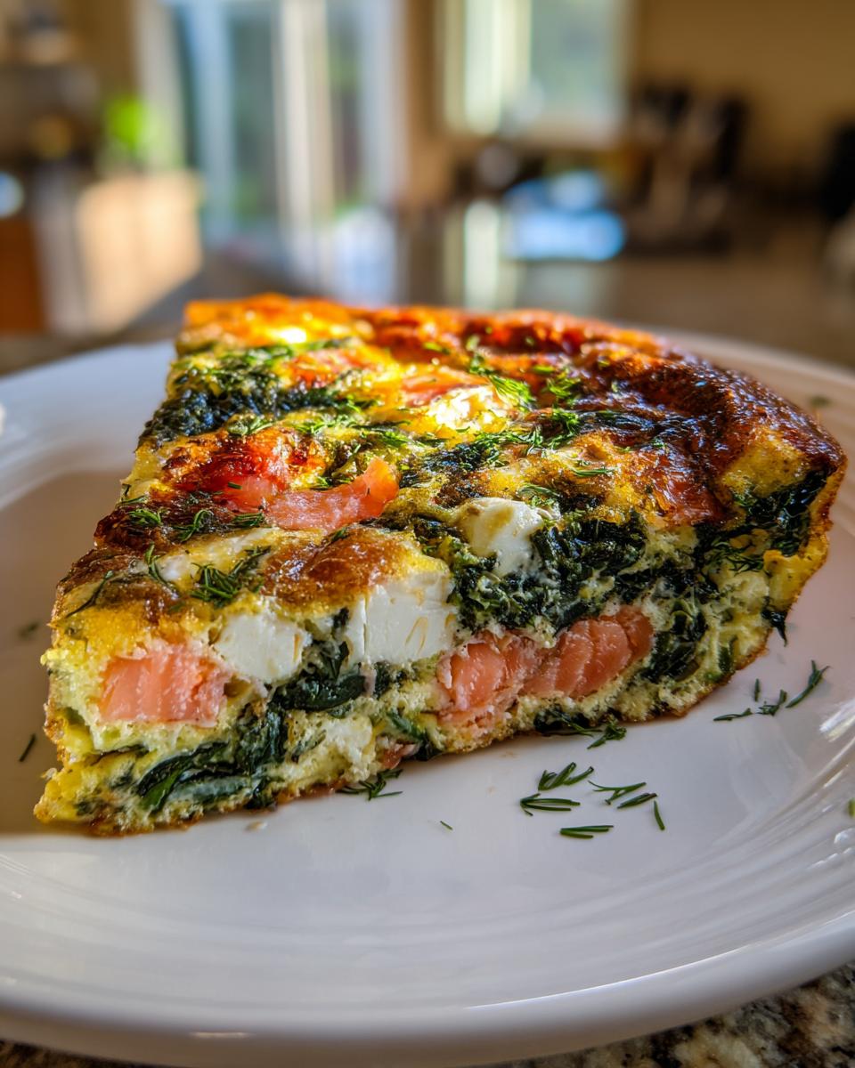 A thick slice of Smoked Salmon Frittata showing layers of pink salmon, green spinach, and white cheese on a white plate.